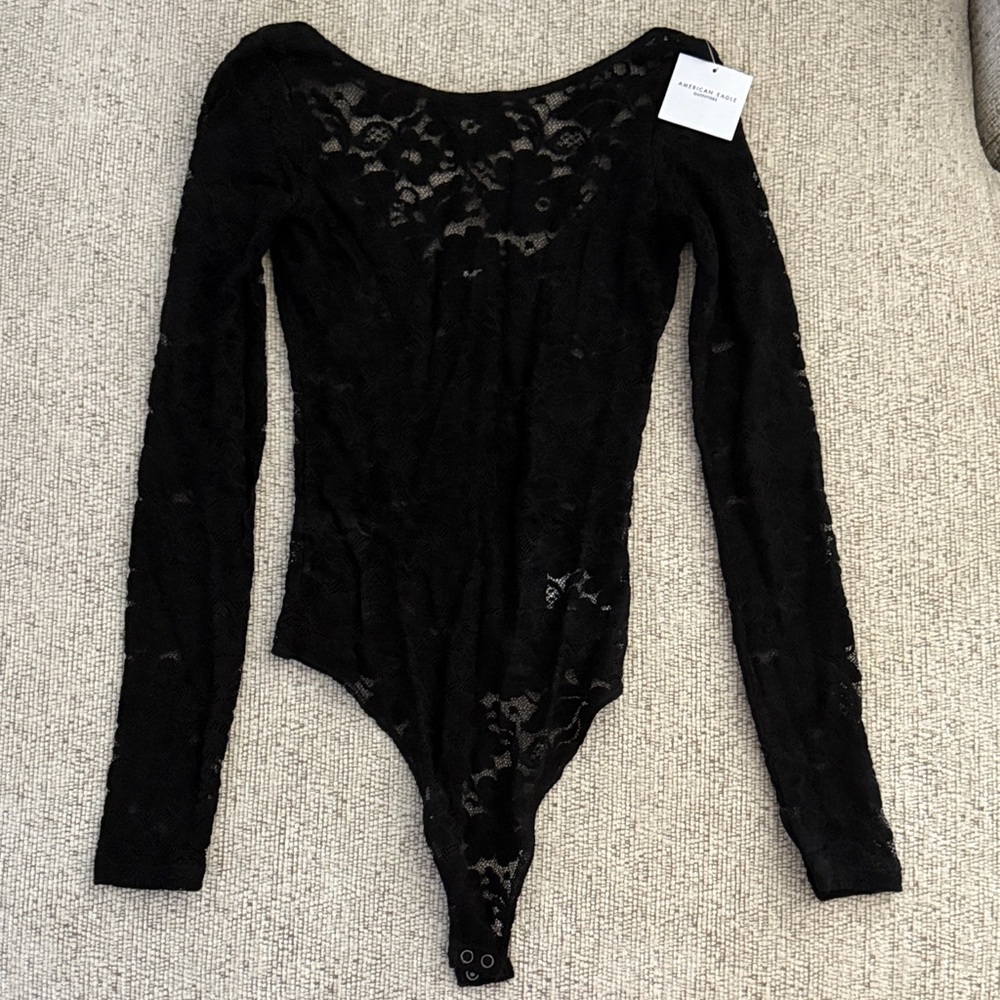 American Eagle Black Lace Long Sleeve Bodysuit